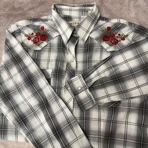 Roper‎ Shirt Men Size Large Gray Plaid Western Pearl Snap Rose Embroidered